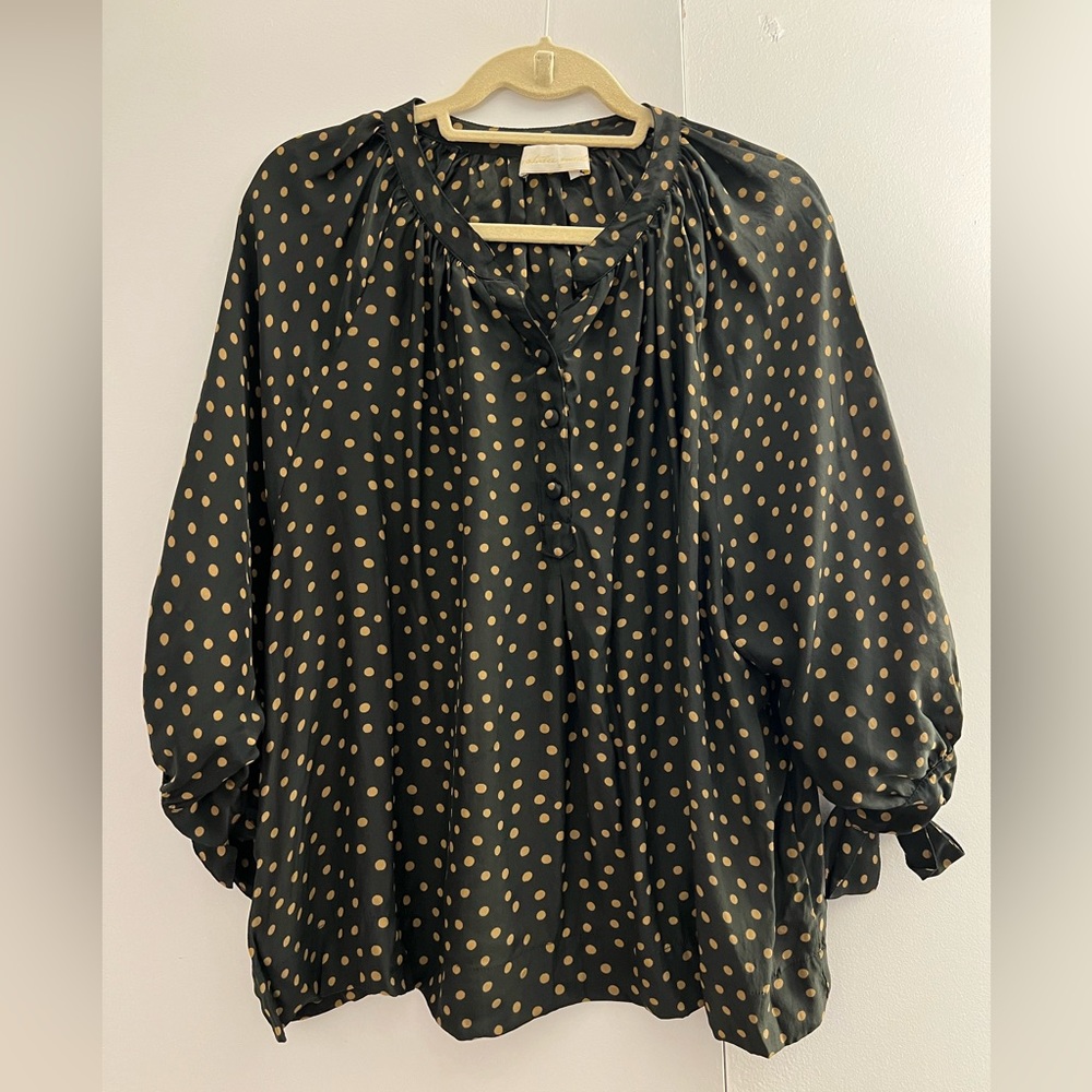 Natalie Martin Renata Silk Boho Peasant Blouse Button Front Polka Dot
